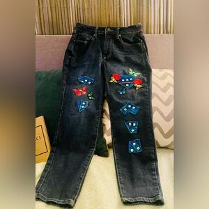 Custom Embroidered Studded Jeans with Colorful Marmont Patches